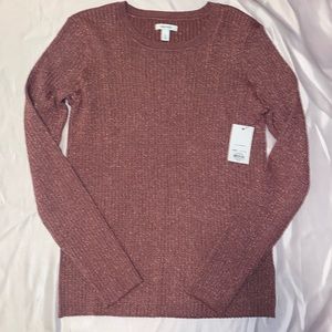 Nine West Rose Pink Ribbed Crewneck Sweater With Shimmery Metallic Thread